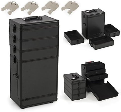 BELLAVIEÃ'Â 4 in 1 Aluminum Rolling Makeup Case w/ Removable Tiers &amp; Adjustable Dividers, All Black by BELLAVIE