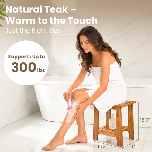 18" Standard Teak Shower Bench with Shelf & Handle - Waterproof, Non-Slip Bath Stool, 300 lbs Capacity - Fits Standard Tubs/Showers & Outdoor Use (Patented)