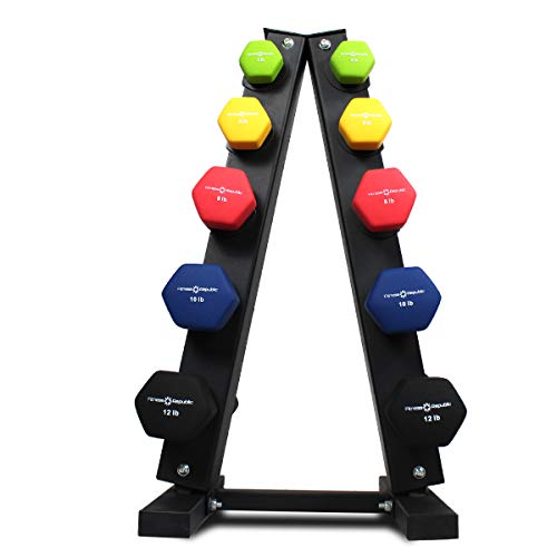 Fitness Republic Solid Steel Dumbbell Rack Holder, A-Frame Dumbbell Storage Racks, Free weights stand for home gym exercise, Neoprene Dumbbells Pairs (3lb, 5lb, 8lb, 10lb, 12lb) with 5 Tier Rack Combo