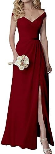 Yilis Elegant V-Neck Chiffon Slit Long Bridesmaid Dress Wedding Evening Dress
