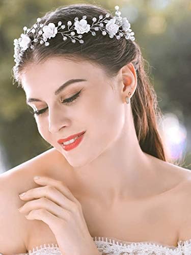Catery Bride Wedding Headband Silver Flower Hair Vine Crystal Pearl Hair Piece Boho Accessories for Women