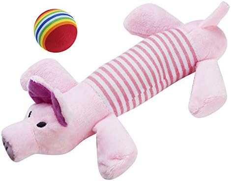 Afuby Dog Chew Toys Squeaky Cartoon Stripe 9" Pink and Red Pig Aggressive Chewers Pack Interactive Durable Chew Squeaky for Small Med Puppy Dogs Pack With Free Pet Play Toy Rainbow Box Ball