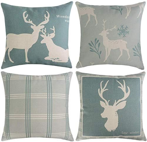 Munzong Set of 4 Sage and Evergreen Color with Light Beige Back Reindeer Throw Pillow Covers 18 x 18 Inch, Throw Cushion Cover for Christmas Day Home Decoration, Soft Cotton Linen Square Pillowcases