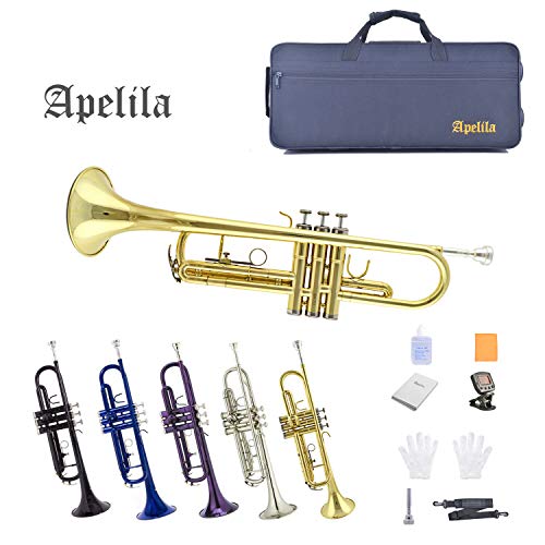 Apelila Gold Trumpet Brass Standard Bb Trumpet-Student Beginner with Hard Case,Gloves,Mouthpiece,Soft Cleaning Cloth,Strap,and Valve Oil - Thumbnail 3