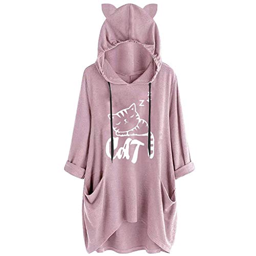 Sunhusing Ladies Casual Letters Cute Kitten Print Cat Ear Hoodie Sweatshirt Irregular Long Sleeve Pocket Top Pink - Thumbnail 5