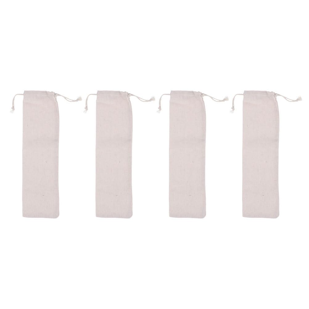 HEMOTON 4 Pack Straw Carrying Case Cotton and Linen Pouch Bag Drawstring Straw Storage Bag for Stainless Steel Drinking Straws Cutlery Fork Spoon Storage Bag Small Cloth Bag 25x8cm