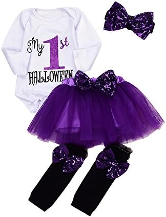 4Pcs Baby Girls My 1st Halloween Sequins Romper+Chiffon Tutu Skirt+Bowknot Leggings+Bunny Headband Outfit Set