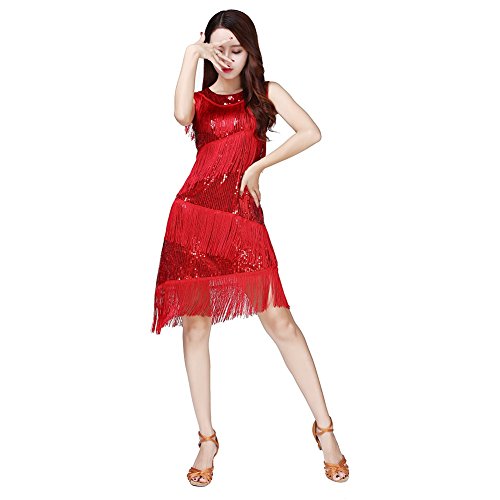 Jlong Swirling Tassels Latin Dance Dress Shining Sequins Sleeveless Rhythm Ballroom Salsa Samba Rumba Tango Dancewear