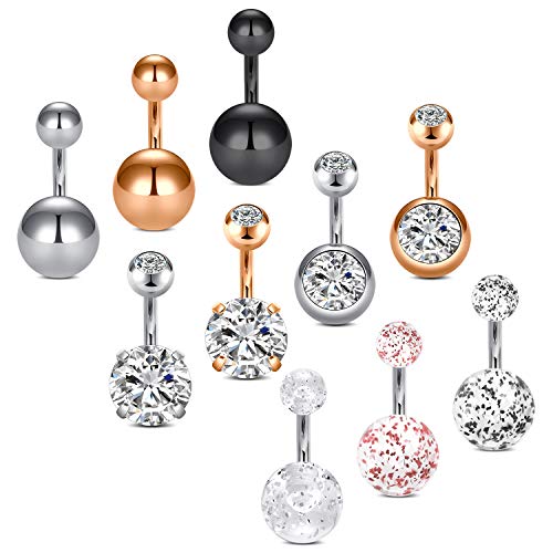 LAURITAMI 10PCS 14G 6MM Short Length Belly Bars Surgical Steel Belly Button Rings Diamond CZ Navel Ring Body Piercing Jewellery for Women Men