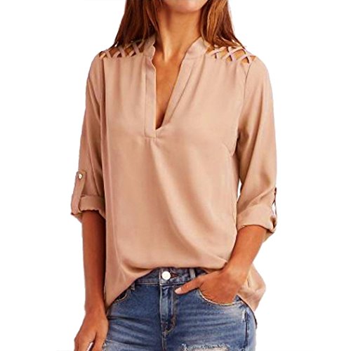 TAORE Women Chiffon Solid Tab-Sleeve V-Neck Hollow Out Blouse T Shirt Tops (M, Pink)