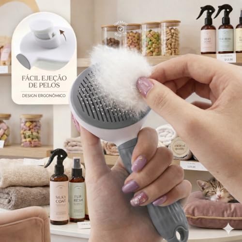 Escova Pet Removedora de Pelos para Cães e Gatos Autolimpante com Cerdas Flexíveis Resistentes e Cabo Anatômico (Cinza)