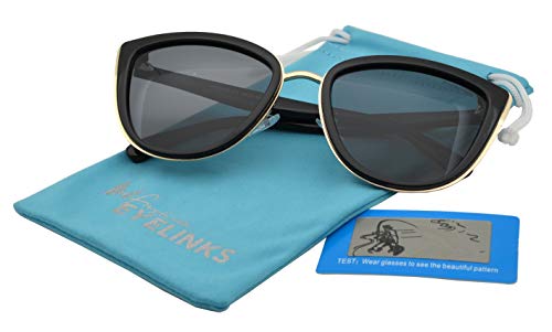 PZ Polarized - Women Cat Eye Metal Bridge Design Mirror and Solid Sunglasses (Black Gold + Solid)