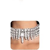 YERTTER Dainty Silver Full Rhinestone Chain Sparkly Collar Chain Choker Statement Tassel Crystal Choker Necklace Adjustable for Party Music Bar Women （Silver 4）