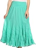 Sakkas 4680 - Lika Long Ruffle Paneled Fold Over Adjustable High Waist Batik Flare Skirt - Aqua - M
