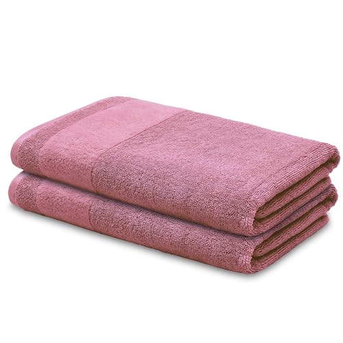 LOOKS BY WOLFGANG JOOP 2X Duschtuch 70x140 cm – 100% Baumwolle Doppelpack Luxus Duschtücher mit Aufhänger & Logostick, 2er Set große Handtücher rosa
