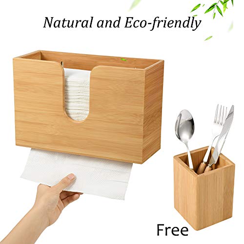 Bamboo Paper Towel Dispenser for Bathroom Decor - C-fold Wall Mounted Countertop Paper Holder with Bamboo Utensil Holder