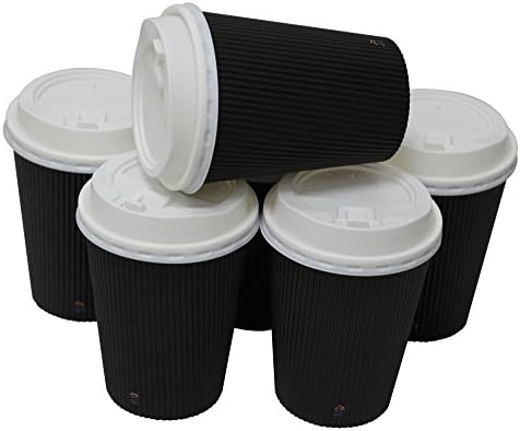 50 Count Disposable 12 Ounce Insulated Ripple Black Hot Paper Cups with 50 White Cappuccino Lids - No Sleeves Needed - Perfect for Your Coffee
