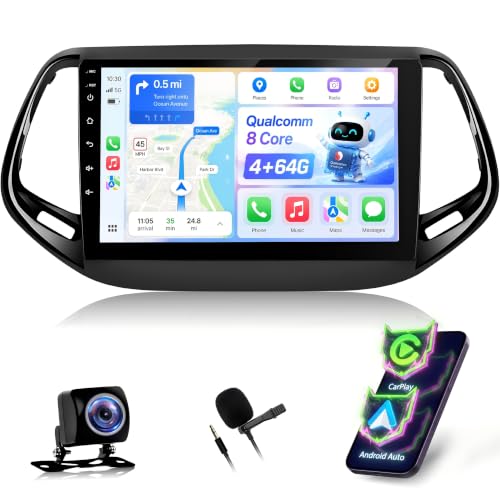 NHOPEEW Qualcomm 8 Core 4+64G Autoradio per Jeep Compass 2017-2021 - 10 pollici Radio Supporto Carplay&Android Auto 5G Wifi&GPS DSP 3D Auto Mondel Display Ventola di raffreddamento