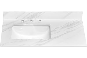 EQLOO 36 in. W x 22 in. D Vanity Top, Engineered Stone Vanity with Sink in Venice White, Rectangular Left Offset, 8 in. Faucet Hole Spacing and Backsplash Bathroom Sink