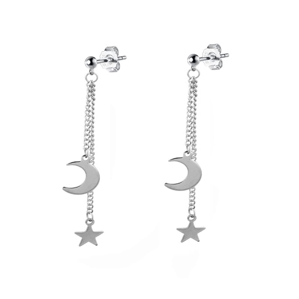 Moon Star Tassel Chain Dangle Drop Huggie Hoop Earrings for Women Girls Men Stainless Steel Long Dangling Minimalist Small Hoops Cartilage Fashion Unique BTS Fans Jewelry Gift Birthday Bff (Stud)