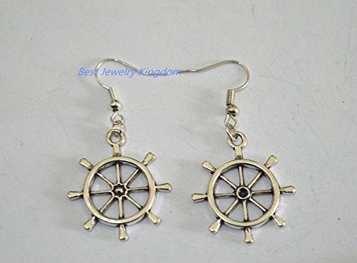 Ship Wheel Earrings, Ship Rudder Earrings, Antiqued Silver Nautical Earrings, Personalized Birthstone Earrings