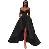 KISKEZ A Line High Low Satin Formal Dress for Women, Strapless Cocktail Party Dress Prom Evening Ball Gown with Pockets