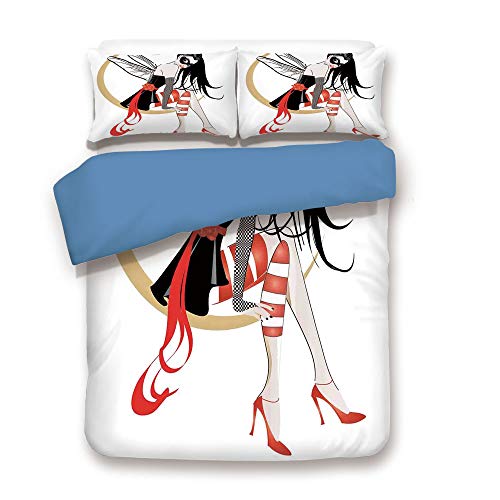 iPrint Duvet Cover Set,Blue Back,Gothic,Stylish Girl with Mask and Wings on The Moon Luna Fantasy Artsy High Heals Fashion,Black Red,Decorative 3 Pcs Bedding Set by 2 Pillow Shams,Full Size