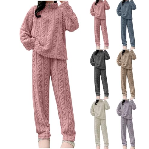 Tacniseyw Fleece Pyjamas Sets For Women Uk Fluffy Flannel Loungewear Sets Ladies Pjs Soft Cozy Pjs Set Baggy Nightwear Quarter Zip Long Sleeve Top and fuzzy Bottoms Thick Autumn Winter Warm Pajamas