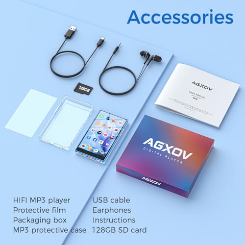 AGXOV MP3 Player with Wi-Fi & Bluetooth, 5 Inch Touchscreen MP4 Player, 96GB Android Music Player with Spotify, Amazon Music, Deezer, FM Radio, Voice Recorder, E-book Reader, Blue & White