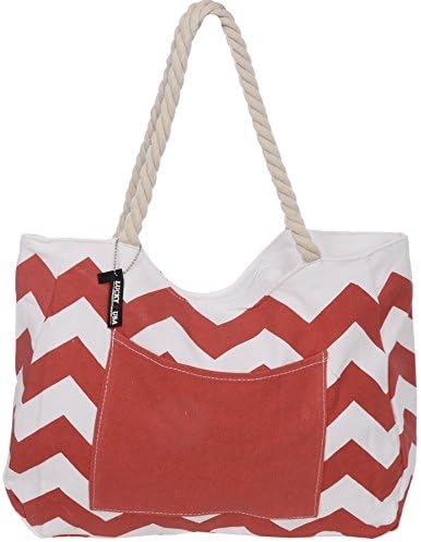 Lucky Beach Women's Canvas Nautical Beach Bag With Chevron Print Rope Handles Outside Pocket Red
