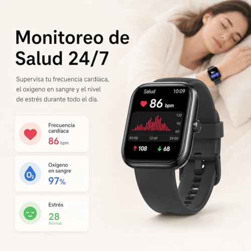 EASYTAO Smartwatch, Reloj Inteligente Hombre, Llamadas por Bluetooth, Monitorización del sueño, con el Asistente de Voz Alexa, Monitoreo de Salud Las 24 Horas, Impermeable IP68, Negro
