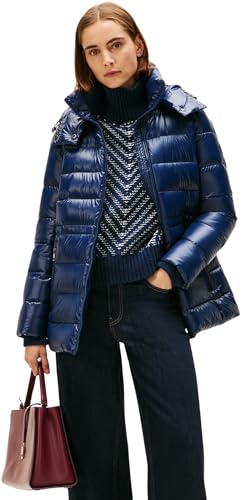 Tommy Hilfiger Women's Gloss Down Waist Puffer Jacket with Stand Collar, Blue (Dark Night Navy), XS