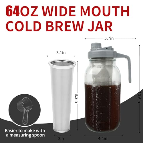 BTWD Cold Brew Coffee Maker, 64oz Glass Mason Jar Pitcher Iced Tea Maker Wide Mouth Spout Lid Airtight with Handle Stainless Steel Filter for Iced Coffee, Ice Lemonade, Fruit Drinks, with Spoon/Brush