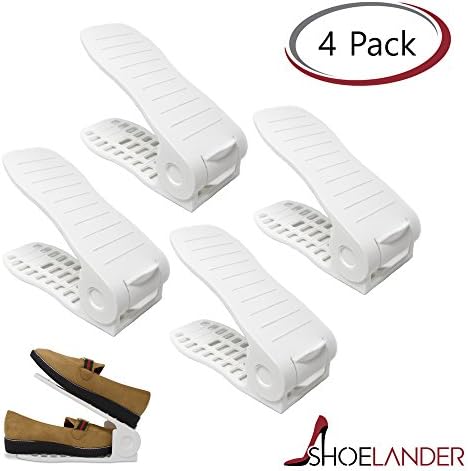 Shoelander Closet Organizers - Storage Space Saver - Adjustable Double Layer Stack Shoe Slot Rack Holder (White)