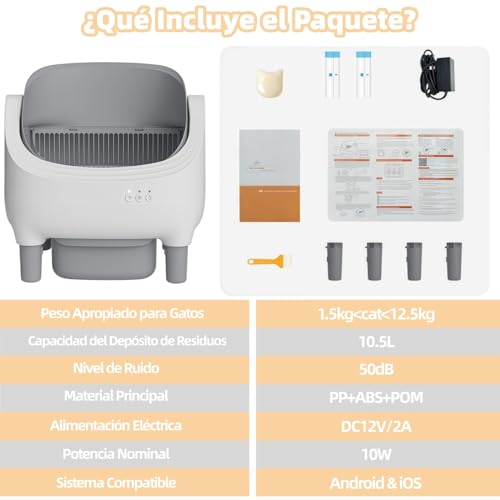 KONITILL Arenero para Gato Autolimpiable con Tapa Abierta y Control por App para Múltiples Gatos - Sensores de Seguridad, Control de Olores - Incluye 2 Bolsas Desechables, Bandeja de Desechos Grande