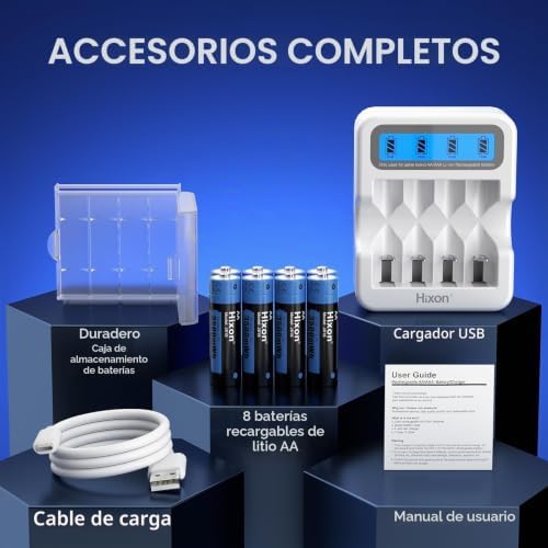 Pilas de litio AA, batería de litio recargable de 1,5 V AA, 3500 mWh y 1600 ciclos largos, 8 unidades de batería de litio de 1,5 V AA con carga rápida blanca LCD cargador