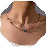 Cliory Boho Vintage Choker Necklace Brown Leather Choker Necklace Turquoise Pendant Necklaces for women