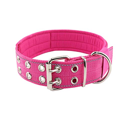 Yunleparks Highly Reflective Dog Collar Tactical Dog Collar with Comfortable Soft Lining Padded and Heavy Duty Metal Buckle for Medium and Large Dogs (L, Pink)