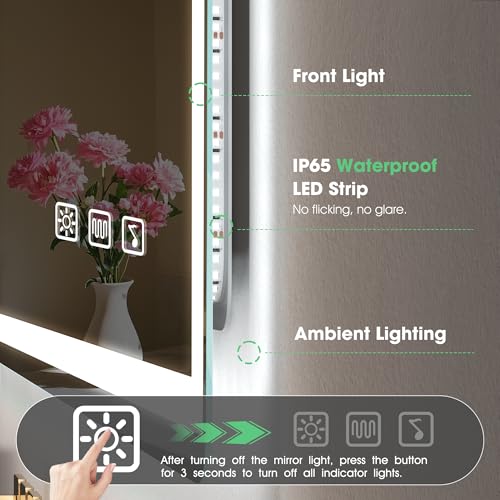 S'bagno Bluetooth-Mirror-Bathroom-with-Light-LED-100 x 70 cm, Mirror-Bathroom-LED-Anti-Fog, 3000K-6500K, Dimmable, Memory, Tempered Glass HD, IP44-Mirror-Backlit-Bathroom, Horizontal/Vertical