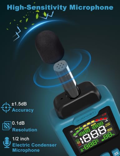 Fonometro, DURFICST Misuratore di Decibel con Misurazione di Temperatura e Umidità, 30-130 dB, Display LCD a Colori, Ponderazione A/C, Unità dB/SONE, Risposta VELOCE/LENTA, per Casa, Fabbrica, Ufficio