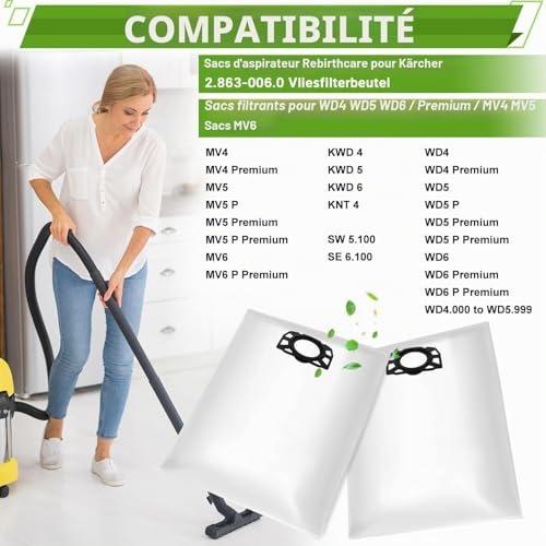 Rebirthcare Kärcher 2.863-006.0 Fleece Filter Bags 487 WD4 WD5 WD6 WD5P WD6P Premium MV4 MV5 MV6 Filter Bags for Wet and Dry Vacuum Cleaners Pack of 15