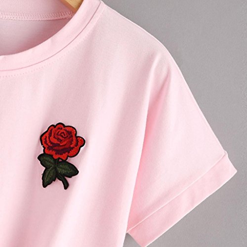 Snowfoller Women Short Sleeve Tee Fashion Rose Appliques Knot Decor Crop Tops Casual T Shirt Vest Tops Blouse (S, Pink) - Thumbnail 4