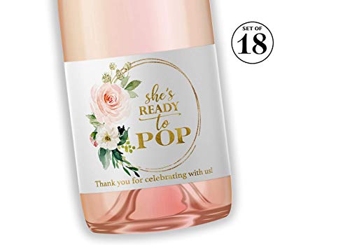 She’s Ready To POP ● SET of 18 ● Blush Rose Baby Shower Mini Champagne Labels, Thank You for Celebrating with us Faux Gold Mini Champagne Labels POP When You Get the News Favors WATERPROOF M625-POP-18