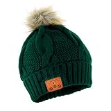 Tenergy Wireless Bluetooth Beanie Hat with Detachable Stereo Speakers & Microphone, Fleece-Lined Faux Fur Pom Pom Music Beanie for Women Outdoor Sports (Dark Green)