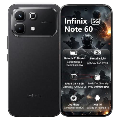 Infinix Celular Note 60 RAM 16GB: 8GB+8GB Extendible ROM 256GB, 6.78'' AMOLED 1.5K 144Hz, 6150mAh Inalámbrica 30W Carga Rápida 45W Smartphone 5G AI Dual SIM Cámara 50MP+13MP Live Photo Midnight Black