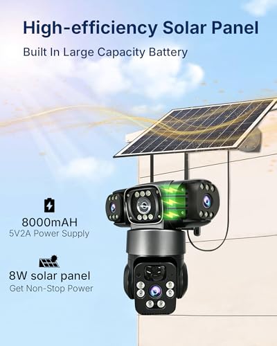 4G Solar Camera Outdoor, 3 Lens 3 Screen Surveillance CCTV Outdoor Camera for Home Security, V380 pro Human Detect Security Camera with Solar Panel, Motion Detection, PIR Alarm, Color Night Vision