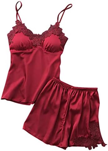 Flexman Women's Sexy Satin Spaghetti Straps Sling Sleepwear Nightdress Elegant Underwear Set Soft Lingerie Nightwear (Wine, M)