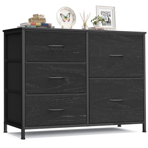 SONGMICS Kommode mit 5 Schubladen, Schubladenschrank aus Stoff und Metall, für Schlafzimmer und Wohnzimmer, 98,7 x 30 x 74,7 cm, Ebenholzschwarz, BELL