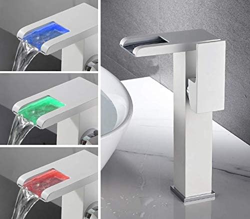 Waterfall Single Handle Bathroom Sink Faucet, with 3-Color Changing Led Light, Single Hole Cold and Hot Water - Suitable for Bathroom,Brass Body