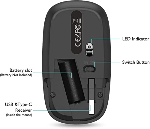 Wireless Mouse for Laptop, 2 in 1 Silent Mouse 2.4G Portable Optical Computer Mouse with USB & Type-C Receiver, 1600 DPI for Mac, iPad Phone,iMac, 2012 & Newer Mac Devices (Grey)